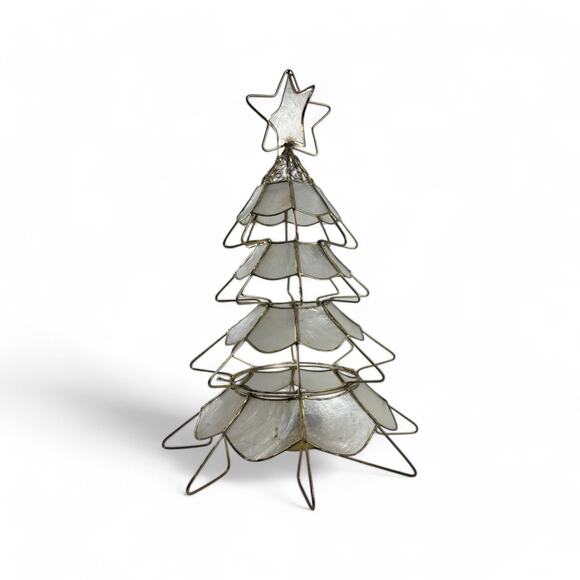 Vintage Capiz Shell Christmas Tree Candle Holder with Brass Frame Star Topper - Picture 6 of 16